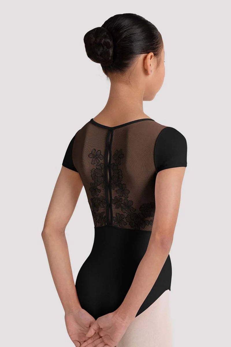 Bloch - Mei - BLACK Sweet Heart Neck Cap Sleeve Leotard with Embroidered Back Detail